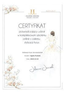 Agata Pustola Makijazystka Certyfikat stylizacja fryzur 2019