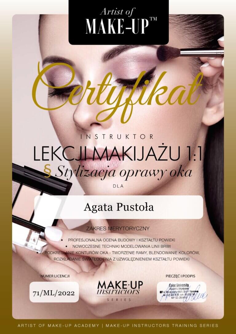 Certyfikat Agata Pustola lekcja makijazu stylizacja oprawy oka